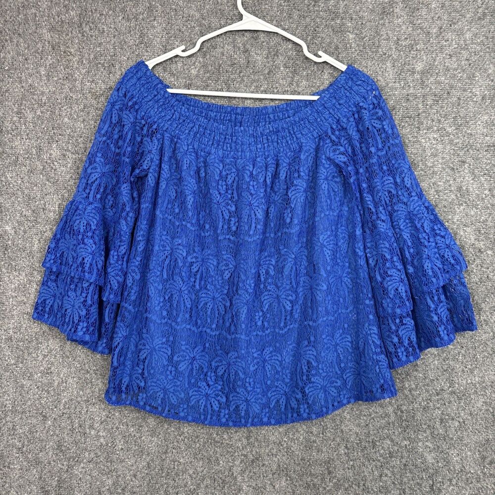 Lilly Pulitzer Tobyn Off the shoulder Top Blouse  Womens size M Ikat blue Lace